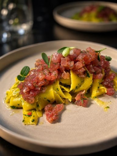 Pasta mit rohem Fleisch, Zwiebeln und frischen Kräutern auf einem Teller serviert.