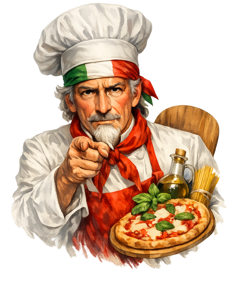 Ein älterer Koch mit Schnurrbart, der auf die Zuschauer zeigt und Pizza hält.